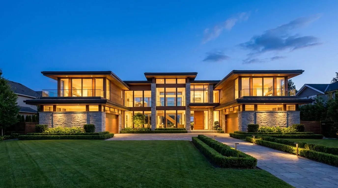 Modern suburban home at twilight with warm glowing windows