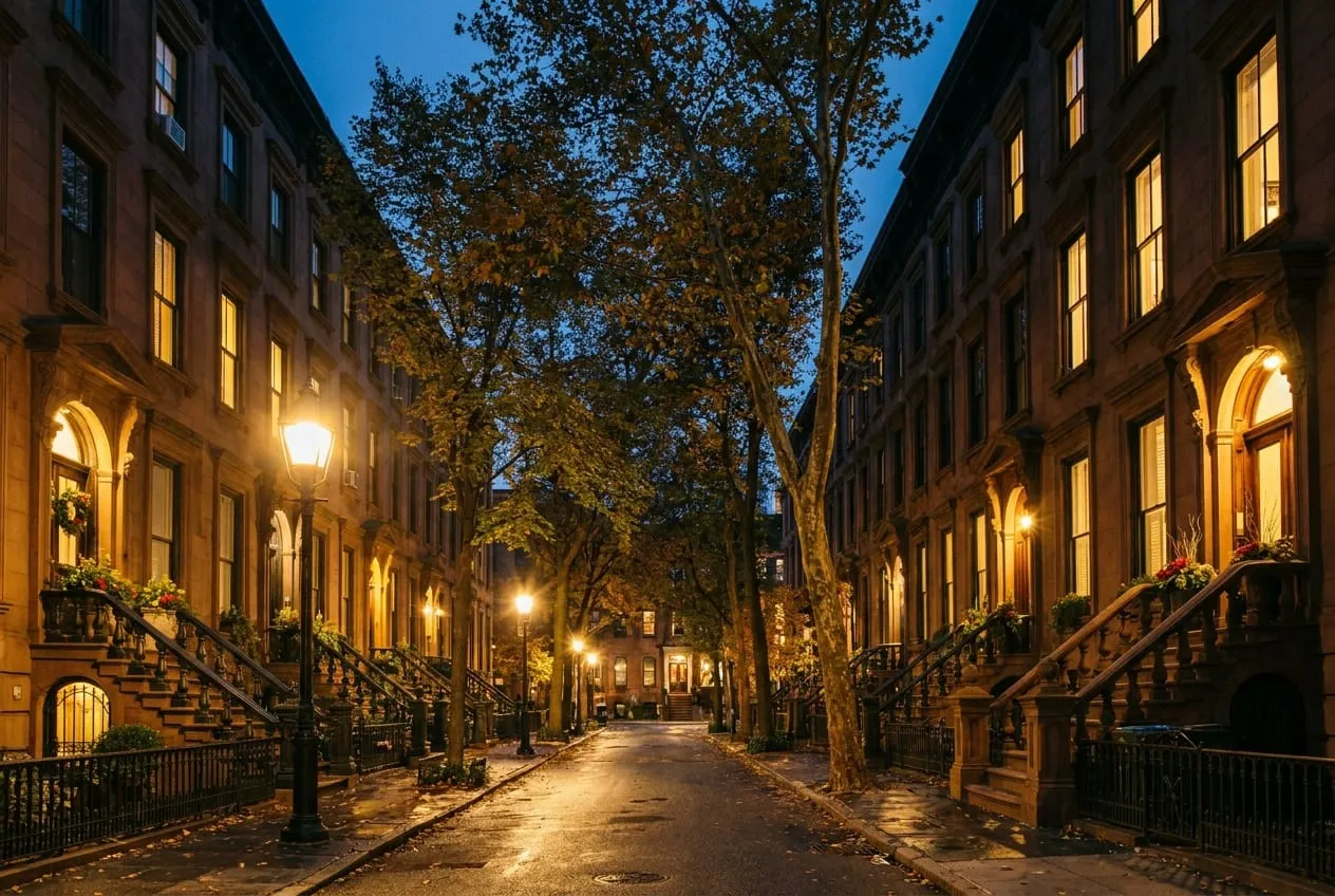 Brownstone townhouses at dusk with warm lamplight in the windows