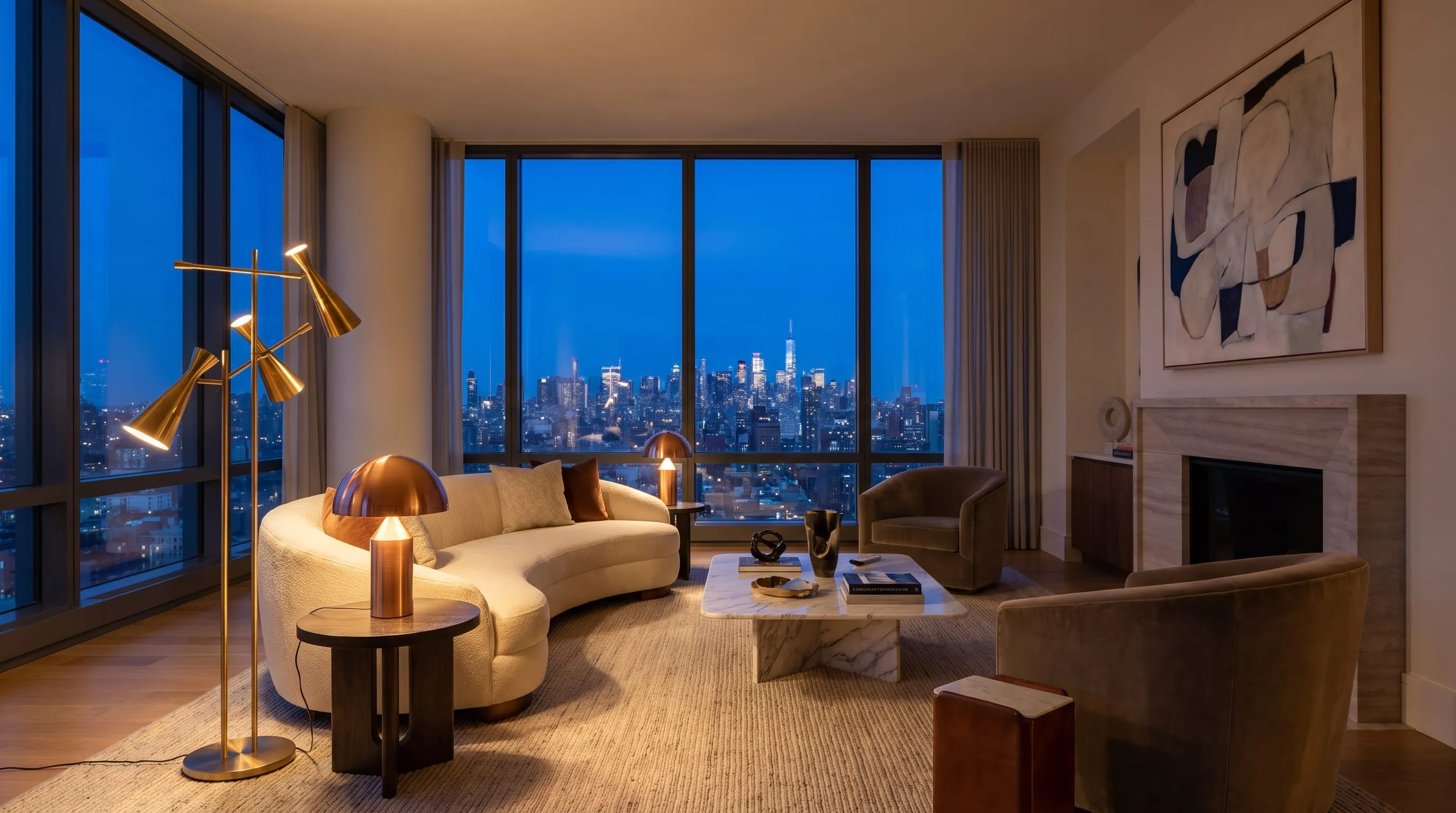 Modern living room at dusk with floor-to-ceiling windows and warm lamps